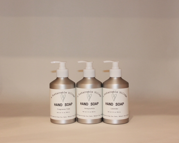 Aluminum bottle hand soap, dish soap, plastic free replaces plastic bottle soap with refillable bottle.  Refill, zero waste, climate change.