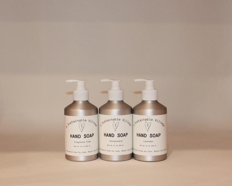 Aluminum bottle hand soap, dish soap, plastic free replaces plastic bottle soap with refillable bottle.  Refill, zero waste, climate change.