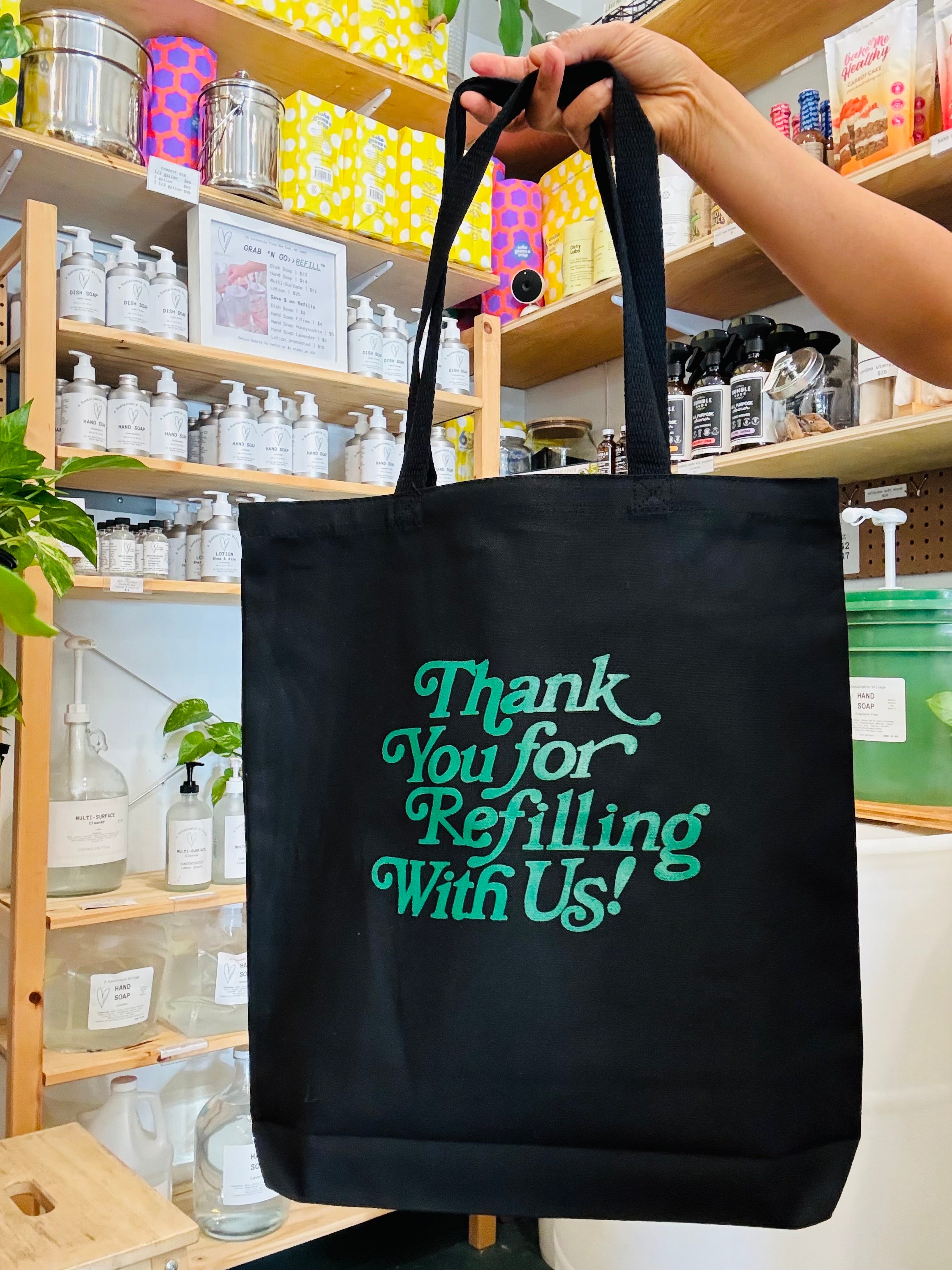 100% Cotton Black tote Thank You For Refilling With US