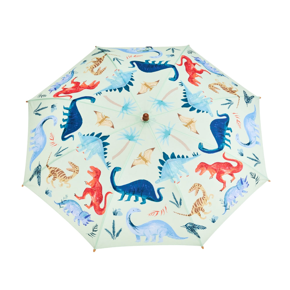 Umbrella with dinosaur pattern on a white background.  Made from Plastic Water Bottle.