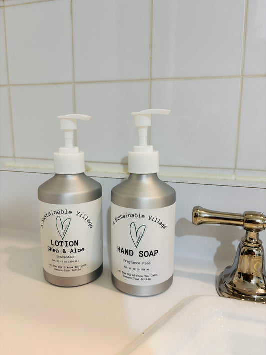 Duo Hand + Lotion in aluminum bottle refillable zero waste bathroom
