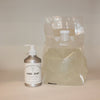 Refillable soap in aluminum bottle helps to reduce plastic waste.