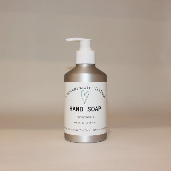 Liquid hand soap in aluminum bottle helps to reduce plastic waste.