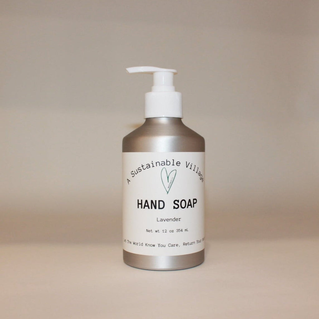 Liquid Hand soap in aluminum bottle helps to reduce plastic waste to help fight Climate Change