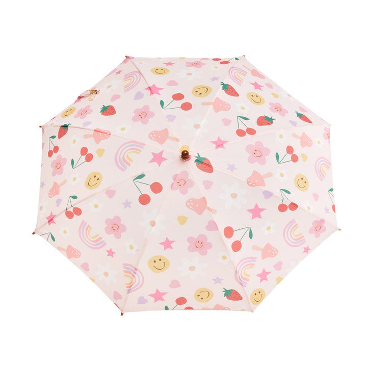 Colorful patterned umbrella on a white background.  Kids umbrella made from plastic water bottles.
