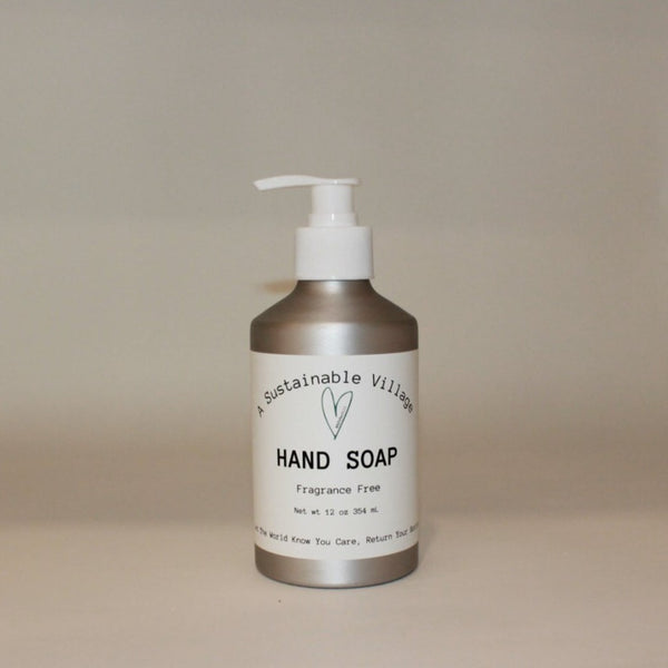 Hand soap in aluminum bottle helps to reduce plastic waste.