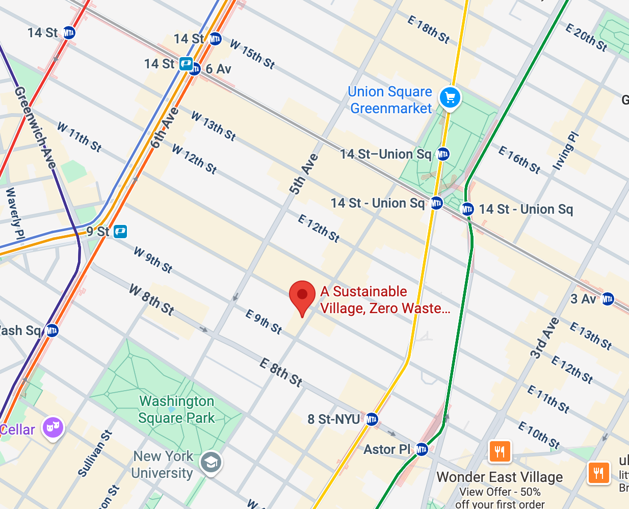 Map of New York City with a red marker indicating A Sustainable Village, Zero Waste location.