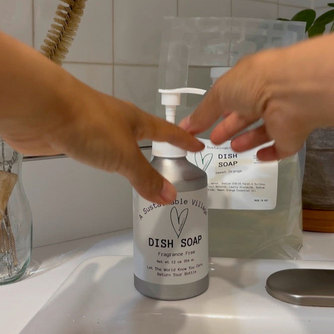 Refill dish soap in aluminum bottle at home plastic free zero waste