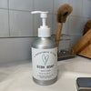 Zero waste refillable dish soap in aluminum bottle.